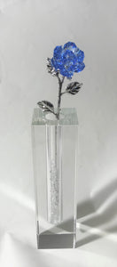 Long Stem Blue Crystal Rose In Crystal Vase - Blue Crystal Flower In Crystal Vase