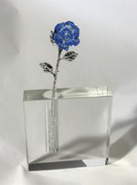 Load image into Gallery viewer, Long Stem Blue Crystal Rose In Crystal Vase - Blue Crystal Flower In Crystal Vase - Rose Centerpiece
