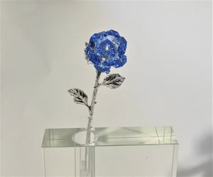 Long Stem Blue Crystal Rose In Crystal Vase - Blue Crystal Flower In Crystal Vase - Rose Centerpiece