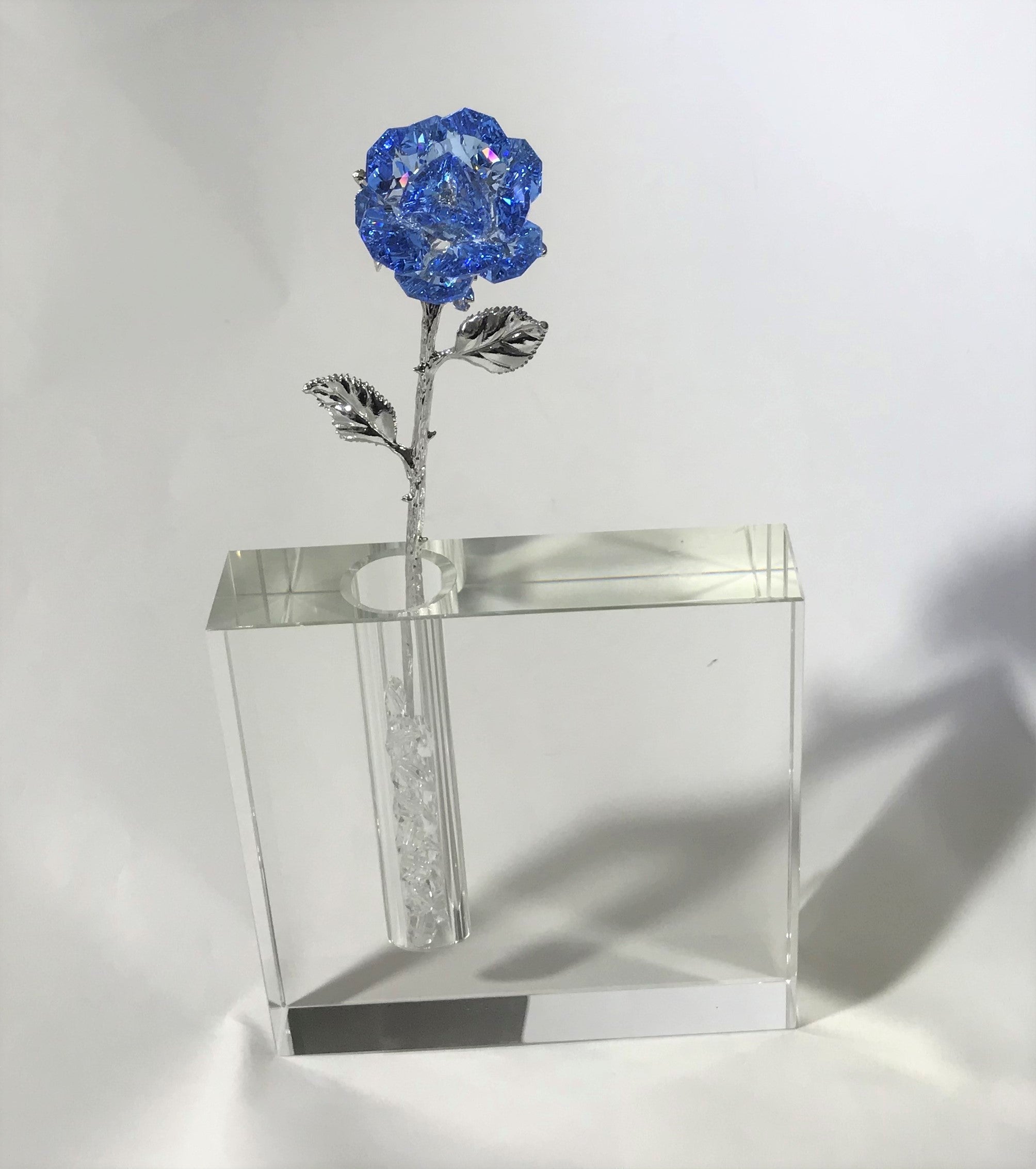 Long Stem Blue Crystal Rose In Crystal Vase - Blue Crystal Flower In Crystal Vase - Rose Centerpiece