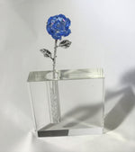 Load image into Gallery viewer, Long Stem Blue Crystal Rose In Crystal Vase - Blue Crystal Flower In Crystal Vase - Rose Centerpiece

