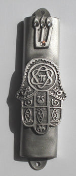 Load image into Gallery viewer, Pewter Mezuzah Chamsa with Kosher Scroll - Mezuzah for the Door
