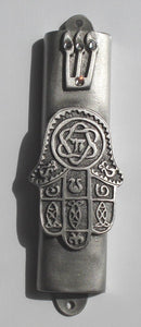 Pewter Mezuzah Chamsa with Kosher Scroll - Mezuzah for the Door