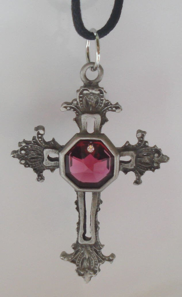 Pewter Cross Necklace - Pewter Cross Ornament Handcrafted with Swarovski Crystal Center - Hanging Cross