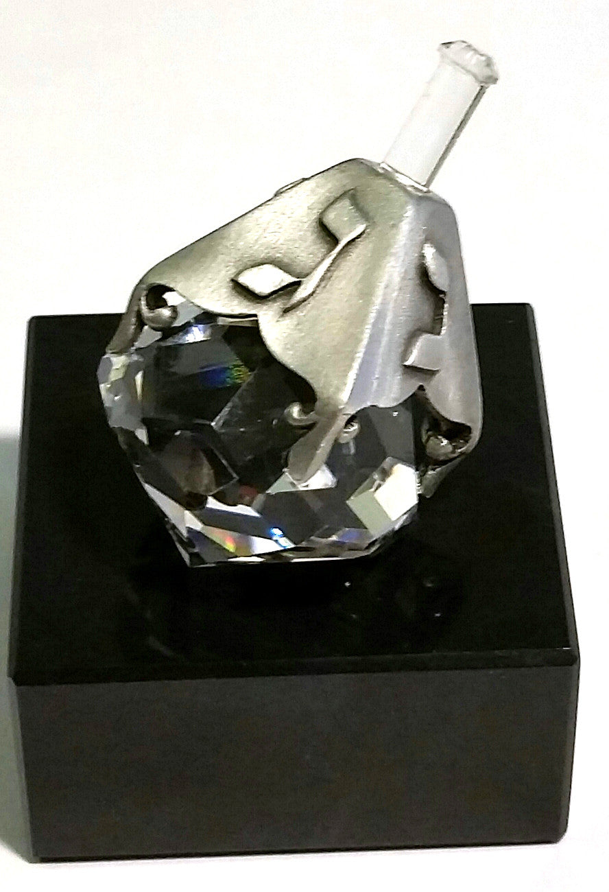 Crystal and Pewter Dreidel On a Black Marble Base - Handcrafted By Bjcrystalgifts Using Swarovski Crystal