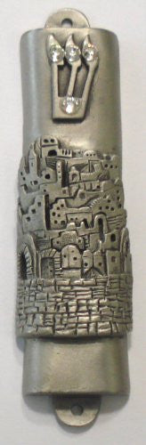 Pewter Mezuzah Jerusalem With A Kosher Mezuzah Scroll