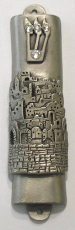 Load image into Gallery viewer, Pewter Mezuzah Jerusalem With A Kosher Mezuzah Scroll
