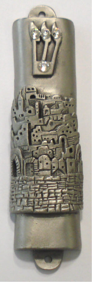 Pewter Mezuzah Case - Jerusalem Mezuzah - Old City Of Jerusalem Mezuzah Handcrafted With Swarovski Crystals
