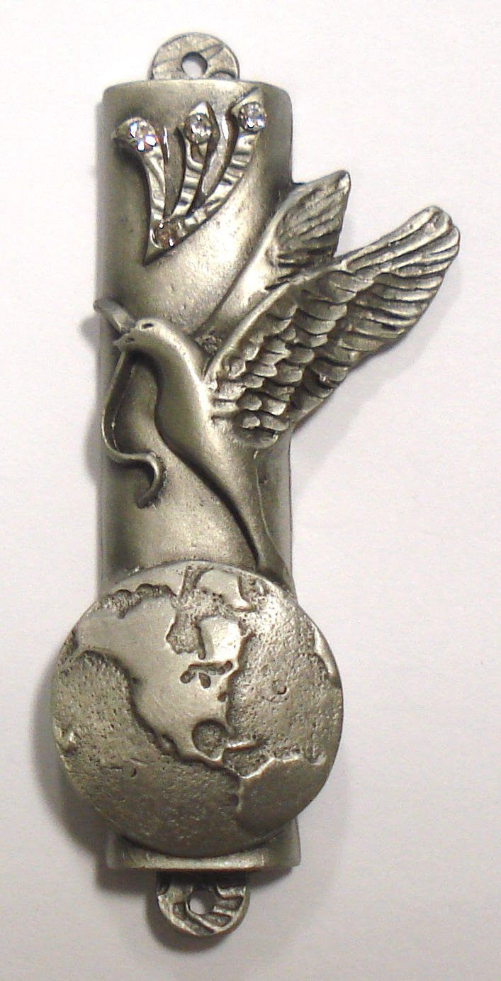 Pewter Mezuzah with Peace Dove Perched On Top Of The Planet - Mezuzah Case