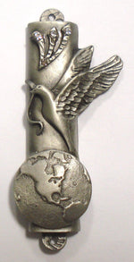 Load image into Gallery viewer, Pewter Mezuzah with Peace Dove Perched On Top Of The Planet - Mezuzah Case

