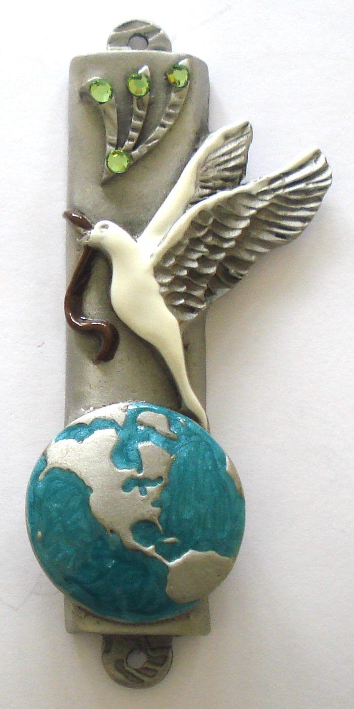 Pewter Mezuzah Peace Dove Handpainted Made with Swarovski Crystals - Dove Mezuzah for the Door