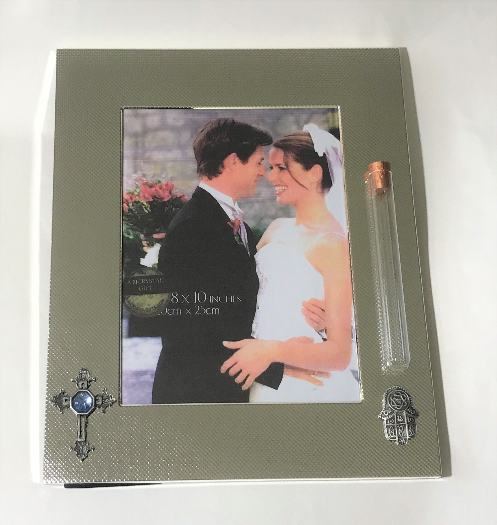 Interfaith Wedding Picture Frame - Frame With Cross And Chamsa - Tube For Shards Of Glass Broken At Wedding Ceremony - 8x10