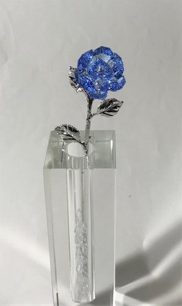 Blue Crystal Rose In Crystal Vase - Long Stem Blue Crystal Flower In Vase