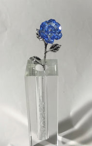 Long Stem Blue Crystal Rose In Crystal Vase - Blue Crystal Flower In Crystal Vase