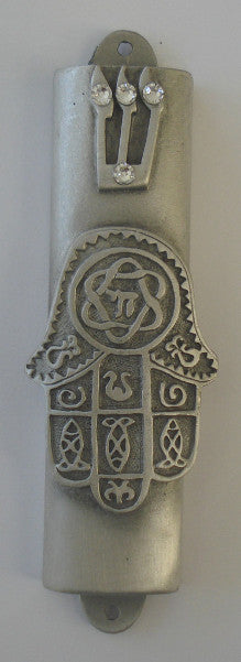 Pewter Chamsa Mezuzah Case Handcrafted With Swarovski Crystals- Mezuzah For The Door - Jewish Housewarming Gift