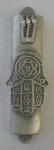 Pewter Chamsa Mezuzah Case Handcrafted With Swarovski Crystals- Mezuzah For The Door - Jewish Housewarming Gift