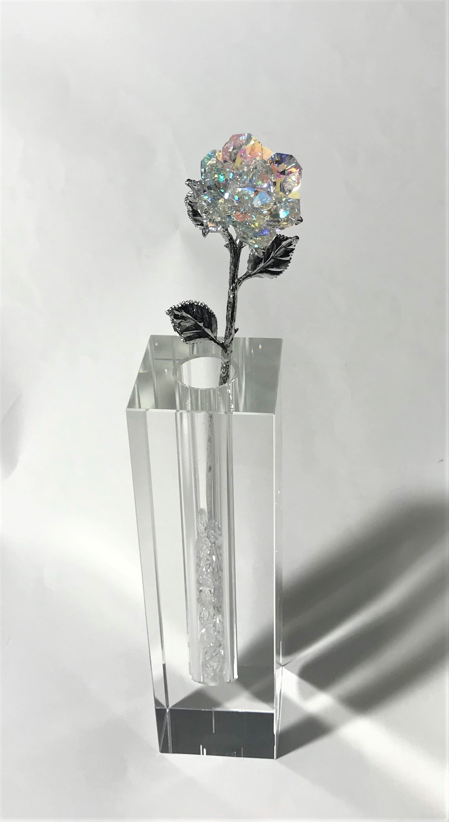 Long Stem AB Crystal Rose In 7 Inch Crystal Vase - AB Crystal Flower In Crystal Vase