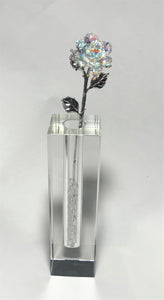 Long Stem AB Crystal Rose In 7 Inch Crystal Vase - AB Crystal Flower In Crystal Vase