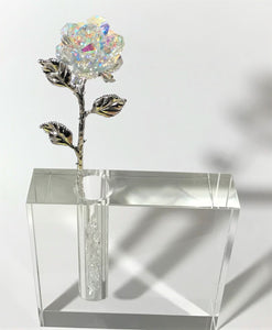 Aurora Borealis Long Stem Rose In Crystal Vase