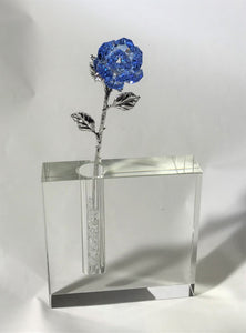 Long Stem Blue Crystal Rose In Crystal Vase - Blue Crystal Flower In Crystal Vase - Rose Centerpiece