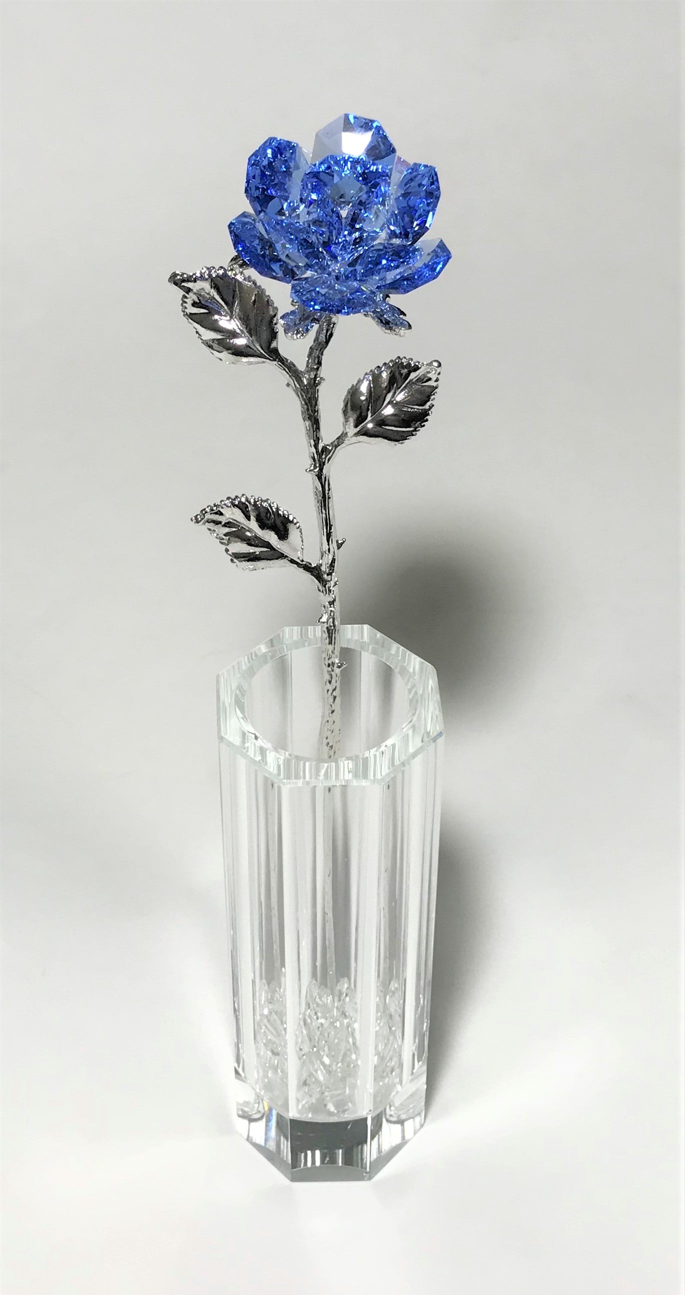 Blue Crystal Rose In Crystal Vase - Long Stem Blue Crystal Flower In Vase