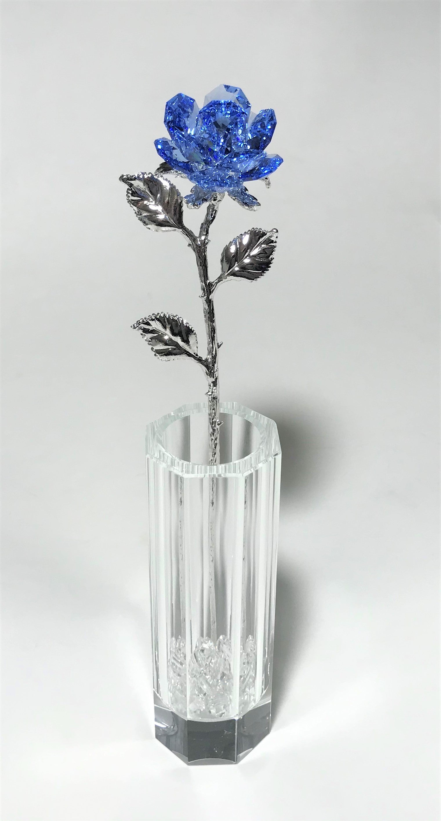 Blue Crystal Rose In Crystal Vase - Long Stem Blue Crystal Flower In Vase
