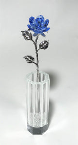 Blue Crystal Rose In Crystal Vase - Long Stem Blue Crystal Flower In Vase