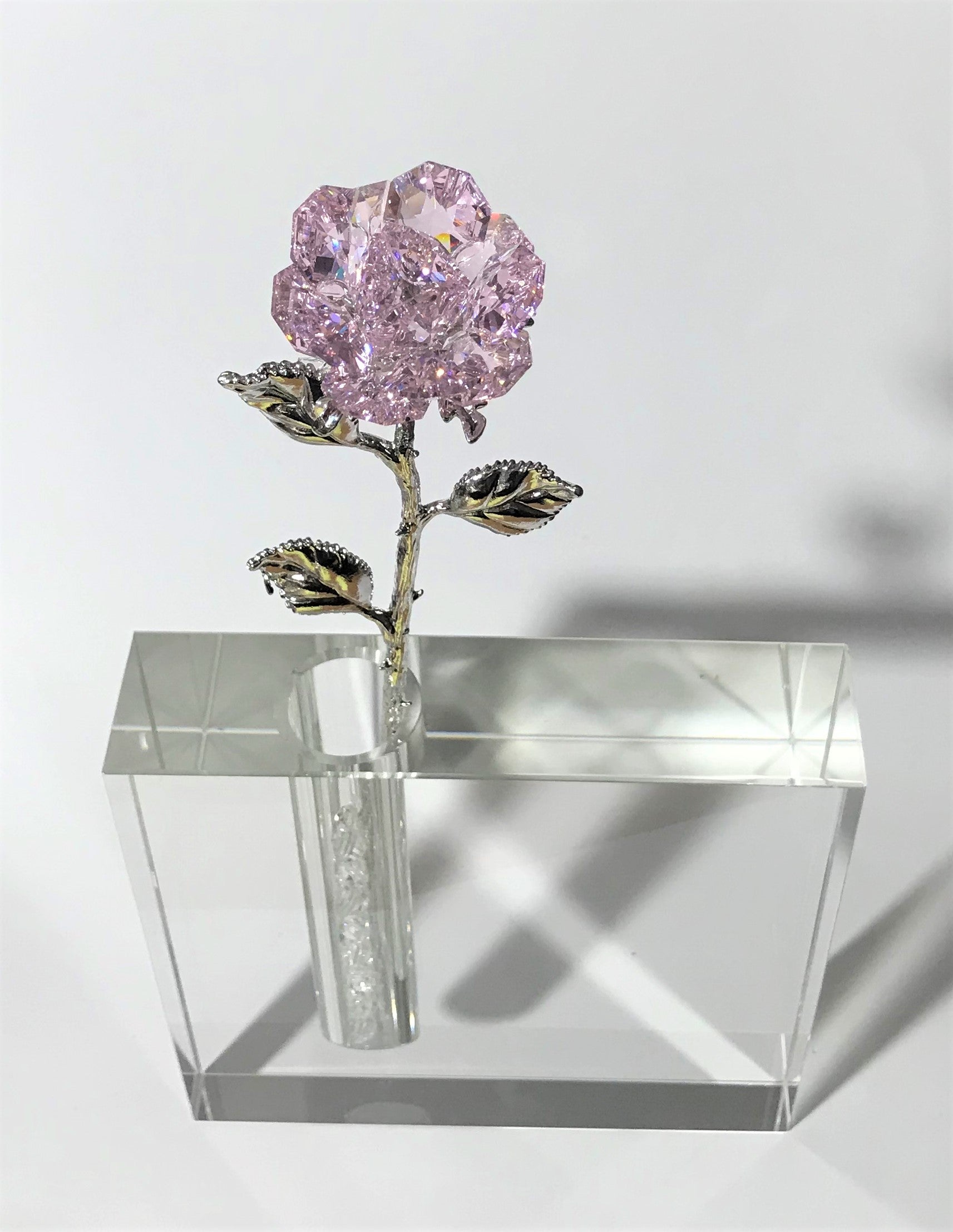 Pink Crystal Rose In 5 Inch Square Crystal Vase - Pink Crystal Flower In Vase