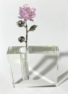 Pink Crystal Rose In 5 Inch Square Crystal Vase - Pink Crystal Flower In Vase