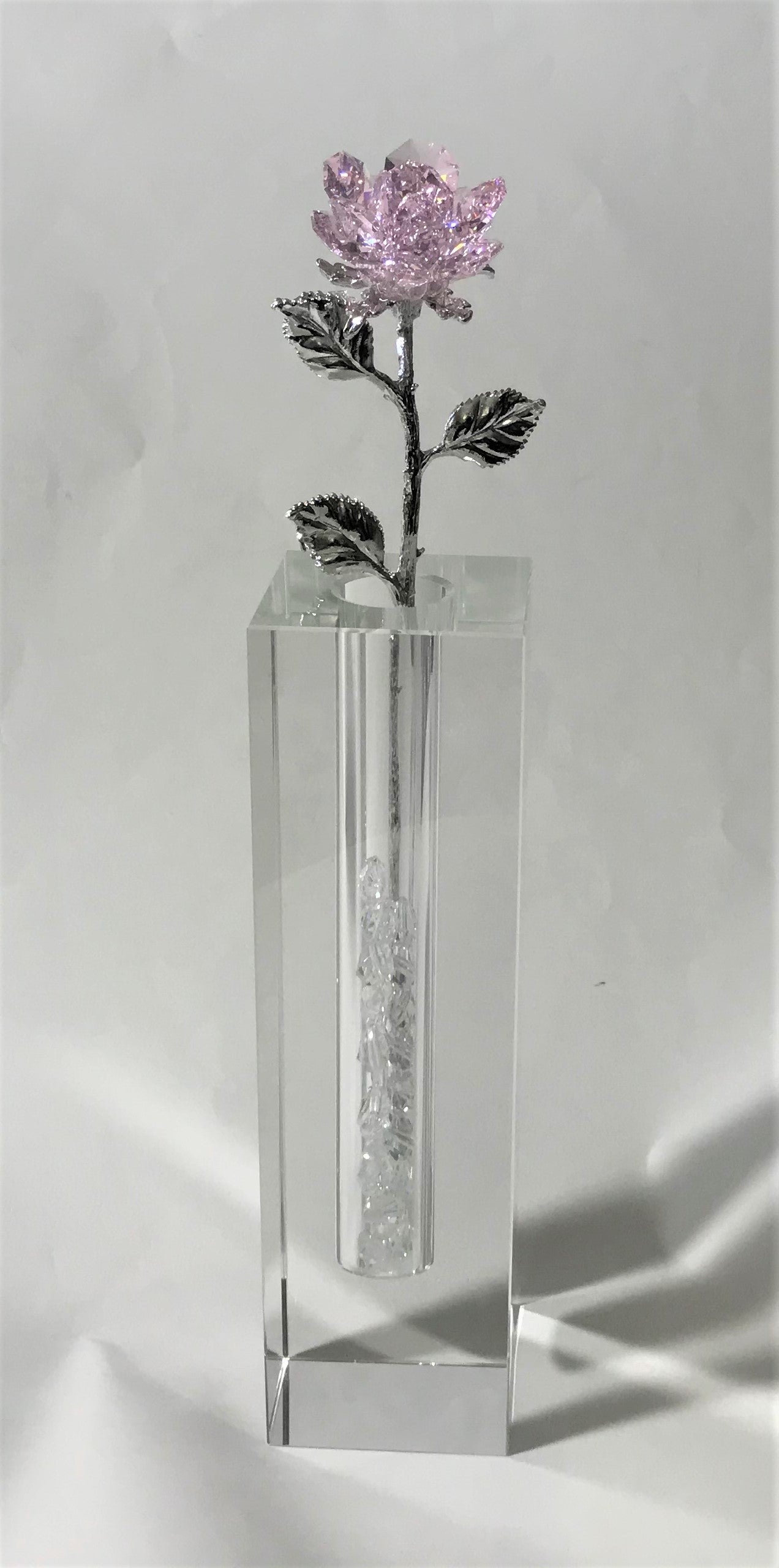 Long Stem Pink Crystal Rose In 7 Inch Crystal Vase - Pink Crystal Flower In Crystal Vase