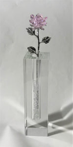 Long Stem Pink Crystal Rose In 7 Inch Crystal Vase - Pink Crystal Flower In Crystal Vase