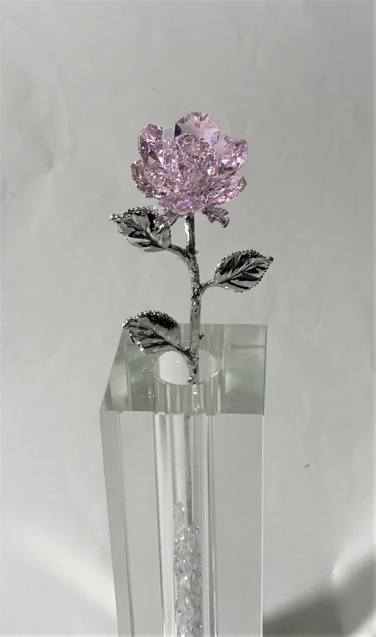 Long Stem Pink Crystal Rose In 7 Inch Crystal Vase - Pink Crystal Flower In Crystal Vase