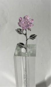 Long Stem Pink Crystal Rose In 7 Inch Crystal Vase - Pink Crystal Flower In Crystal Vase