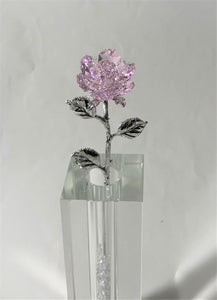 Long Stem Pink Crystal Rose In 7 Inch Crystal Vase - Pink Crystal Flower In Crystal Vase