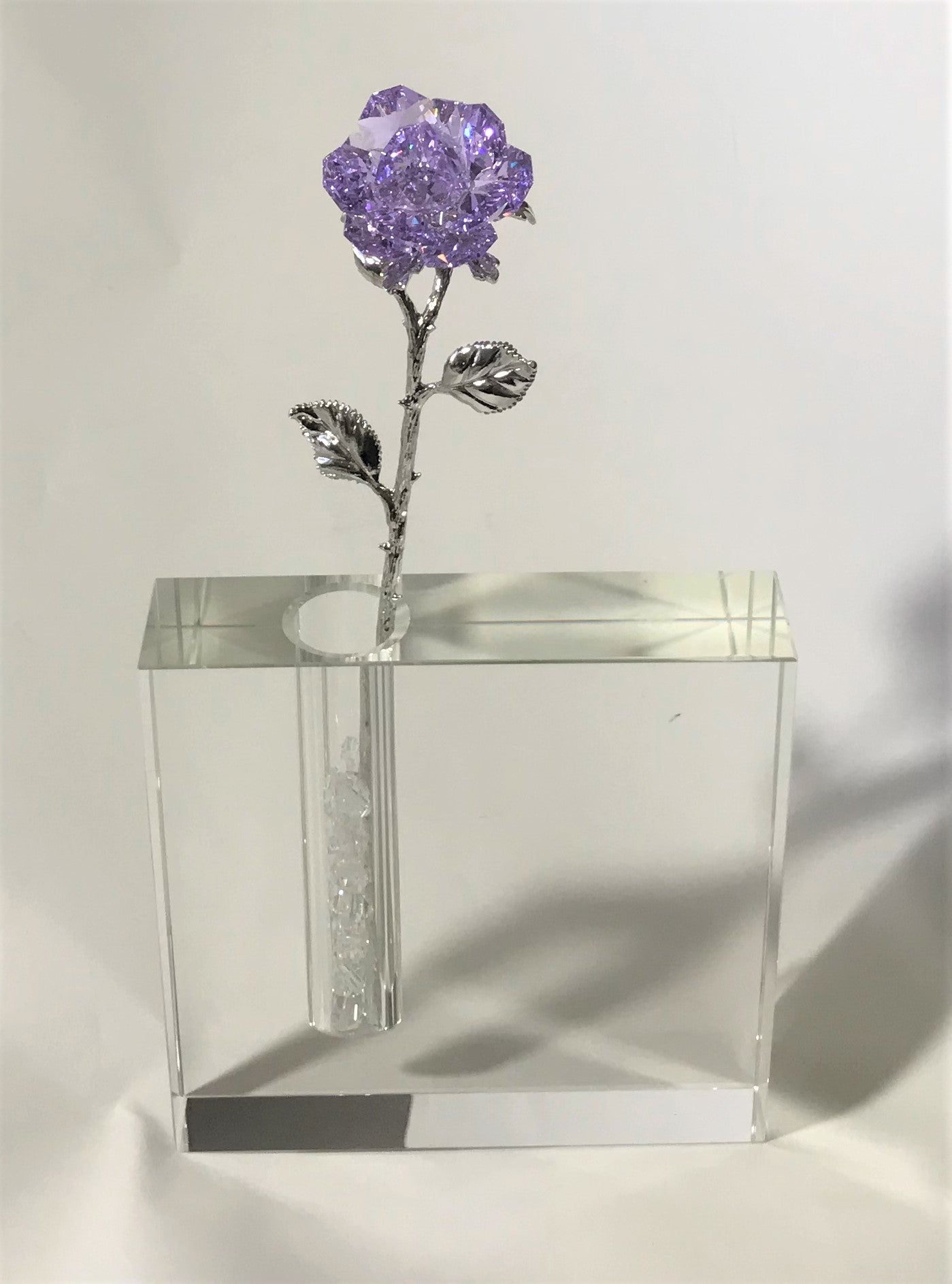 Long Stem Purple Crystal Rose In Crystal Vase - Purple Crystal Flower In Crystal Vase