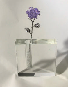 Long Stem Purple Crystal Rose In Crystal Vase - Purple Crystal Flower In Crystal Vase