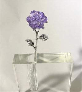 Long Stem Purple Crystal Rose In Crystal Vase - Purple Crystal Flower In Crystal Vase
