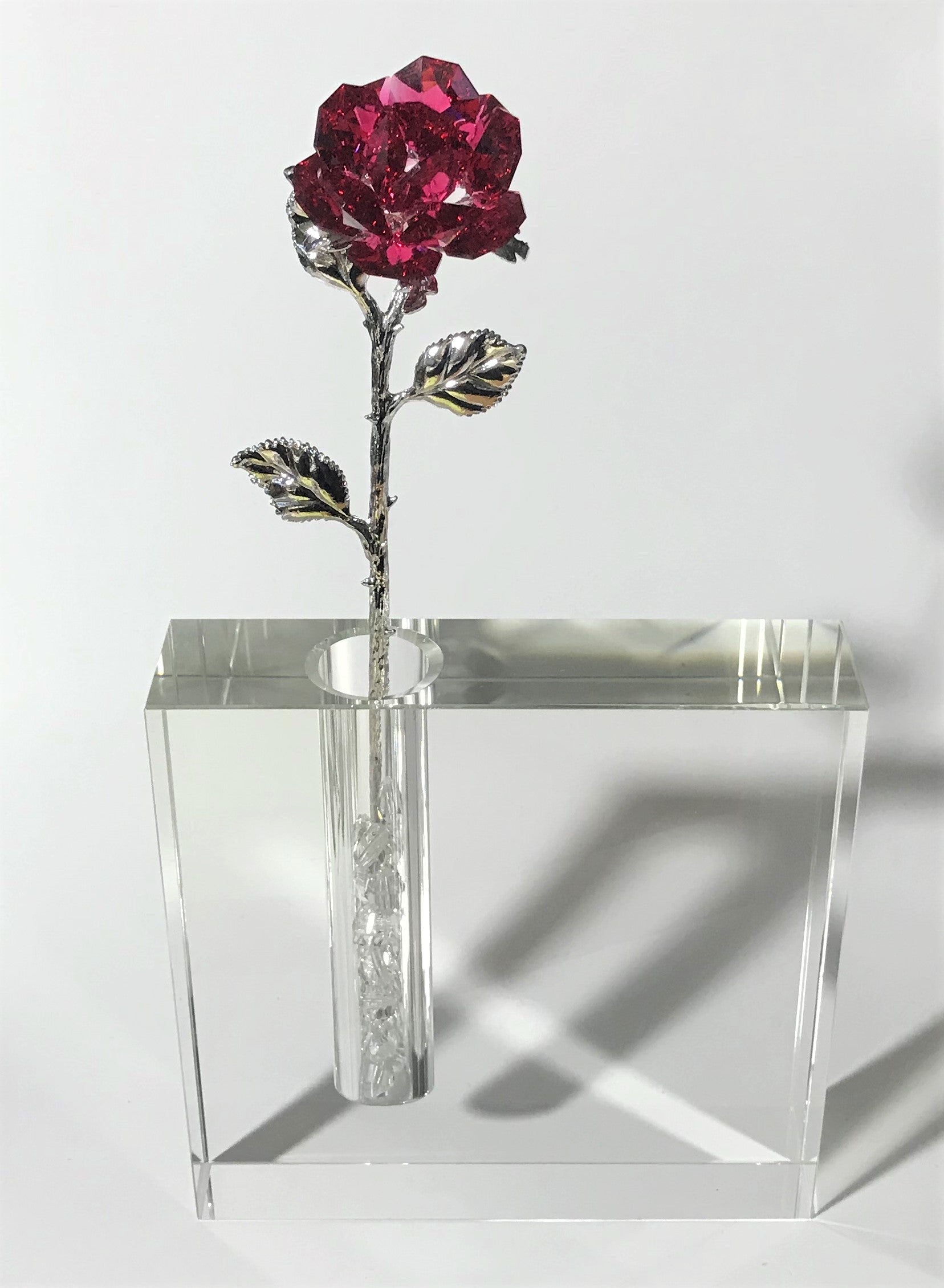 Red Crystal Rose In 5 Inch Square Crystal Vase - Red Crystal Flower In Crystal Vase