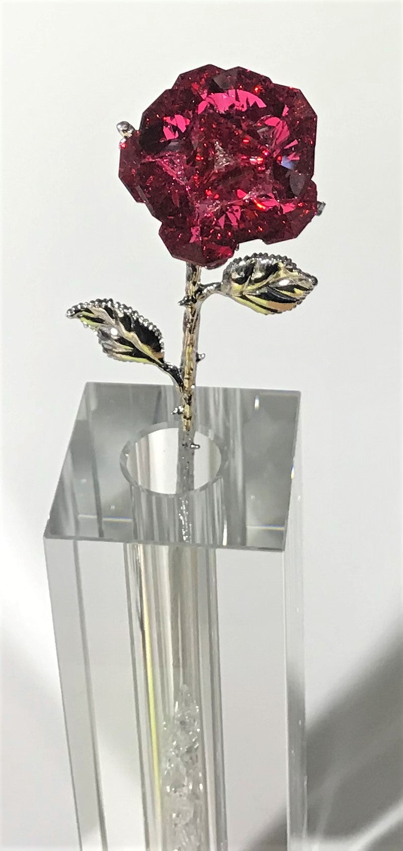Sparkling Red Crystal Rose In Stunning 7 Inch Tall Crystal Vase - Red Crystal Flower