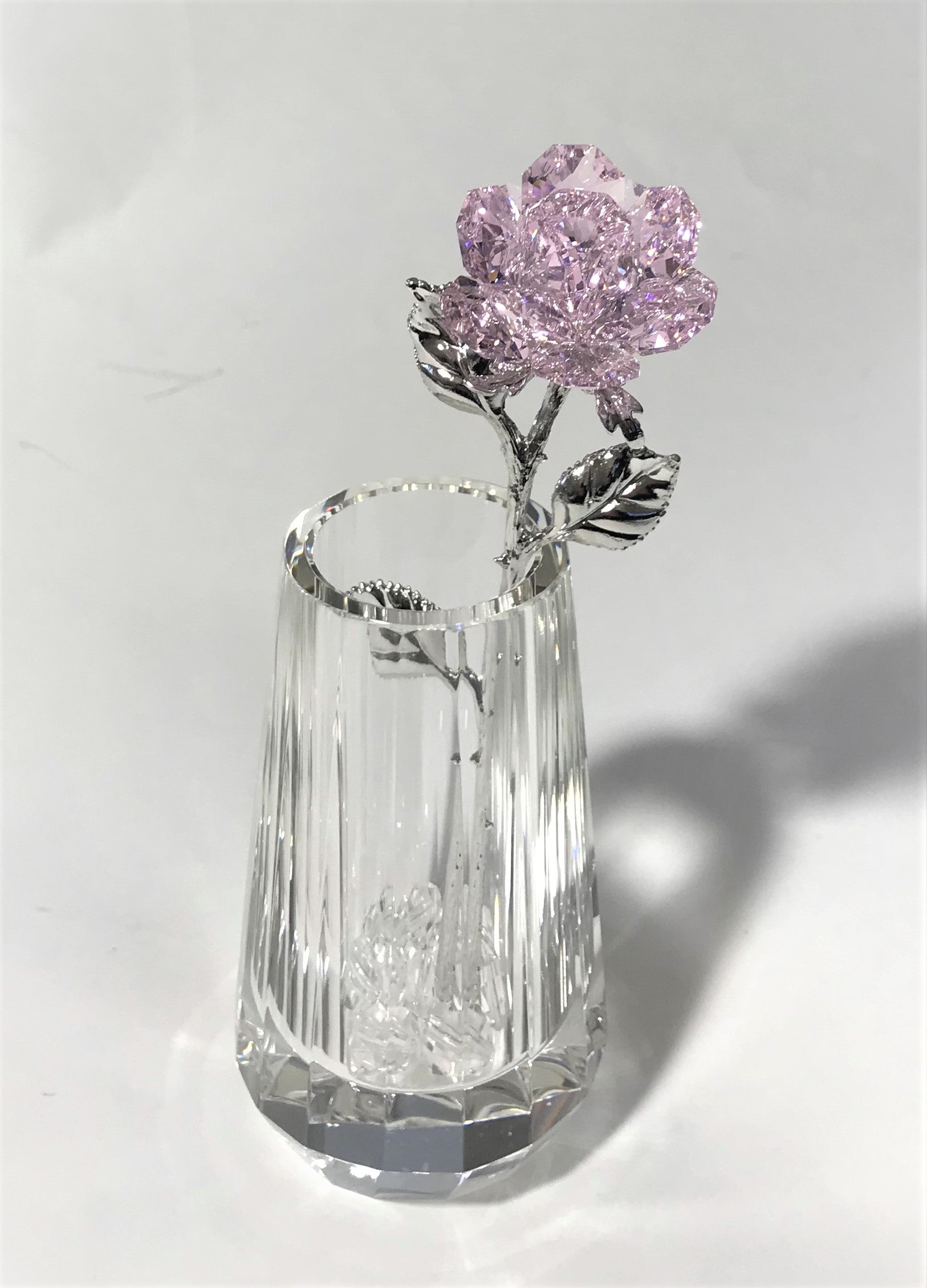 Pink Crystal Rose In Crystal Vase - Crystal Pink Flower In Crystal Vase - Rose Figurine