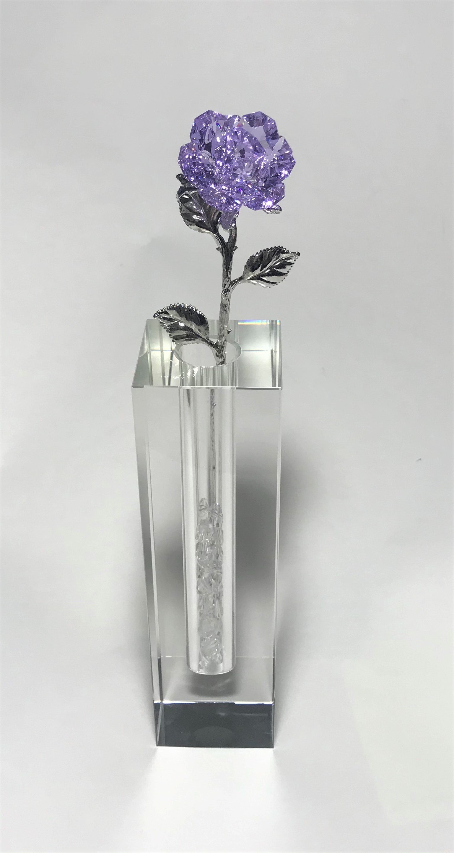 Long Stem Purple Crystal Rose In Crystal Vase - Purple Crystal Flower In Crystal Flower