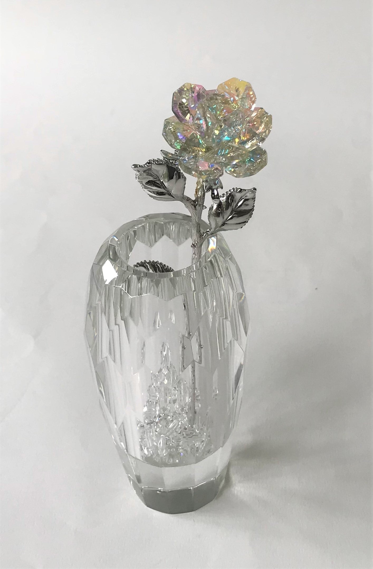 Aurora Borealis Rose In Faceted Crystal Vase
