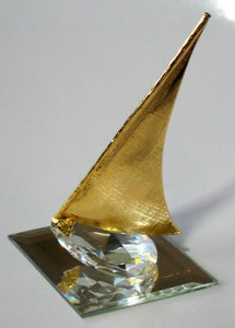 Crystal Sailboat Miniature - Sailboat Figurine - Gold Tone Sailboat