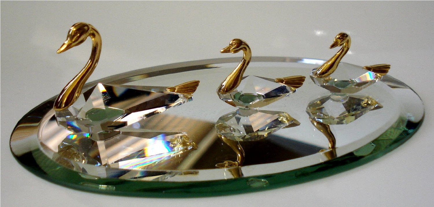 Swan Family Figurine - Crystal Swan Miniature - Gold Tone Swans