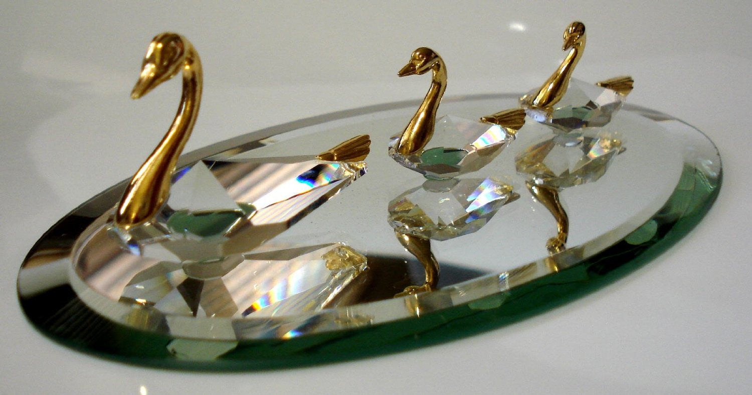 Swan Family Figurine - Crystal Swan Miniature - Gold Tone Swans
