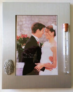 Load image into Gallery viewer, Brush Silver Tone Wedding Picture Frame - Holds Shards From Jewish Wedding Ceremony - Chamsa
