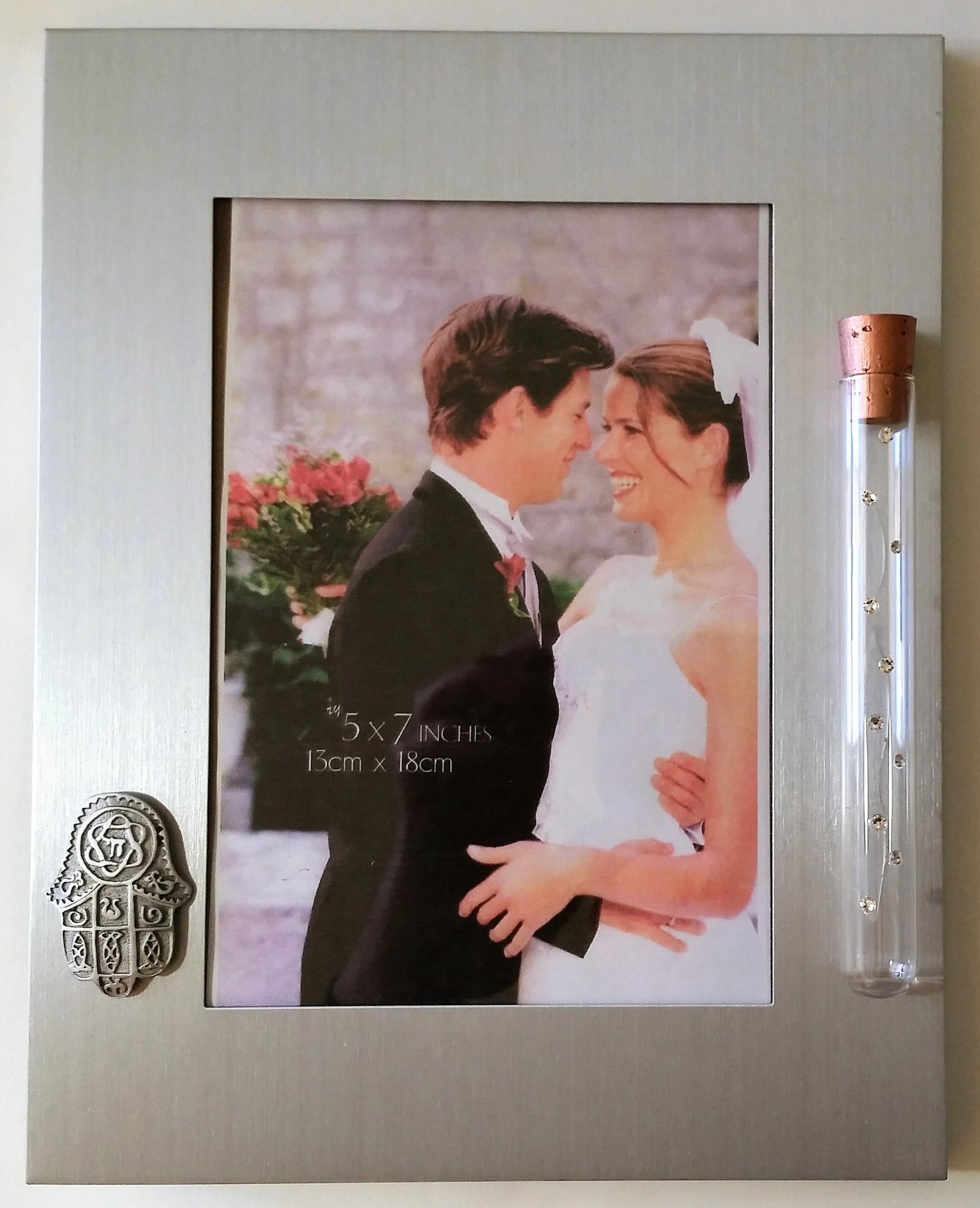 Brush Silver Tone Wedding Picture Frame - Holds Shards From Jewish Wedding Ceremony - Chamsa