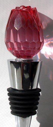 Bottle Stopper Wine Topper Stainless Steel Base with Red Glass Rosebud