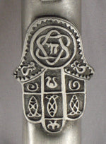 Load image into Gallery viewer, Pewter Chamsa Mezuzah with Kosher Mezuzah Scroll - Mezuzah for Door - Klaf
