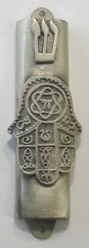 Pewter Chamsa Mezuzah with Kosher Mezuzah Scroll - Mezuzah for Door - Klaf